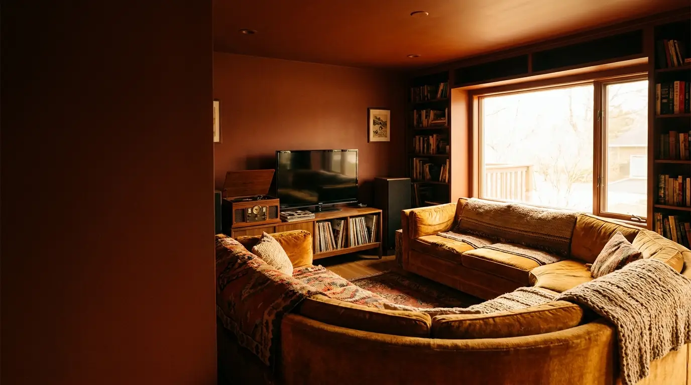 Cozy living room with brown sectional sofa and retro music setup by large window