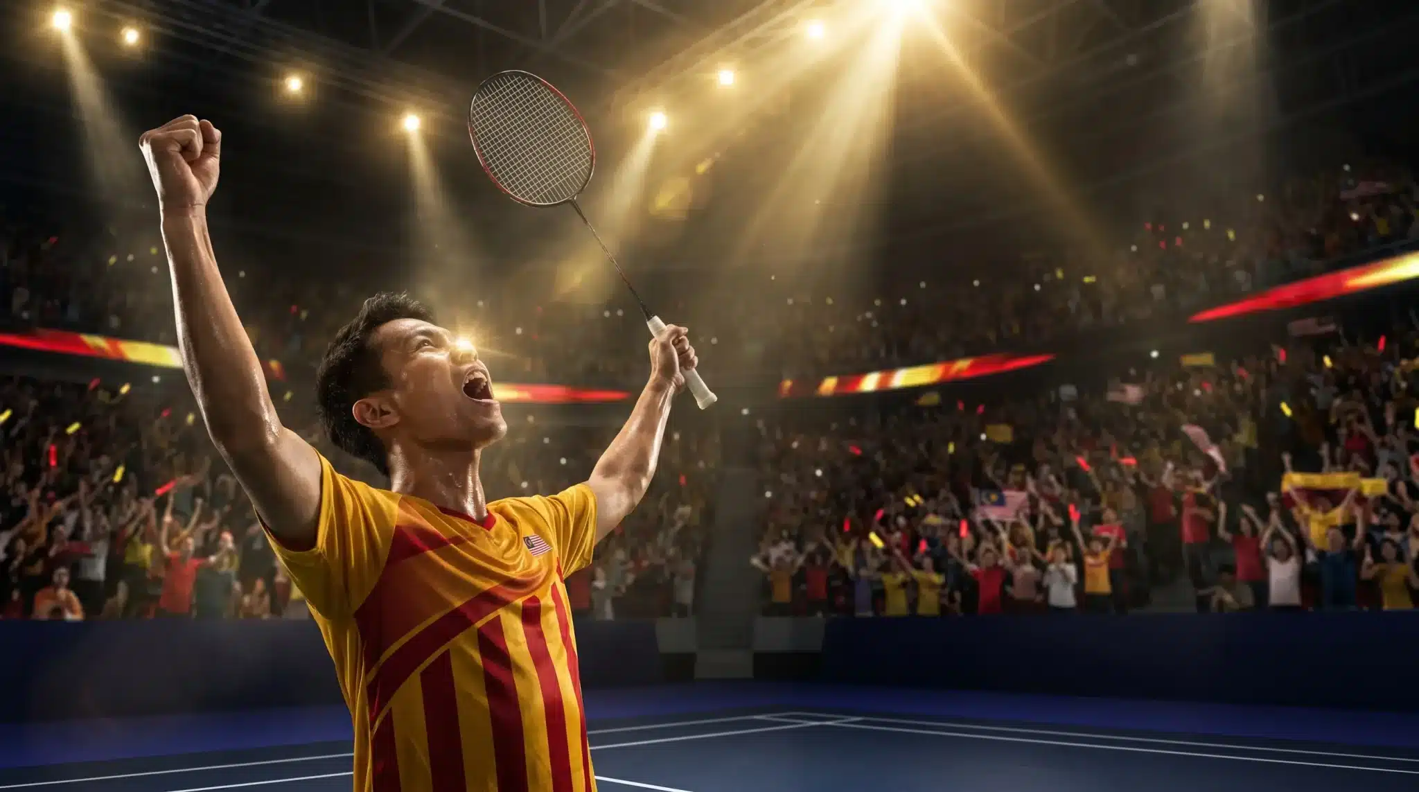 Badminton player celebrating victory on court in packed indoor stadium under bright lights