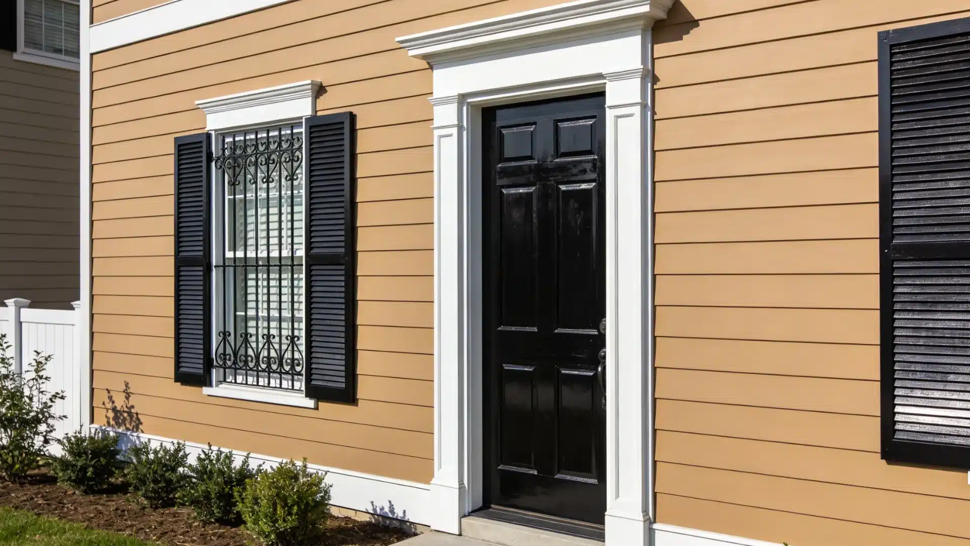 Manchester Tan house exterior with White Dove trim, black front door, and Wrought Iron shutters, with windows and small green shrubs