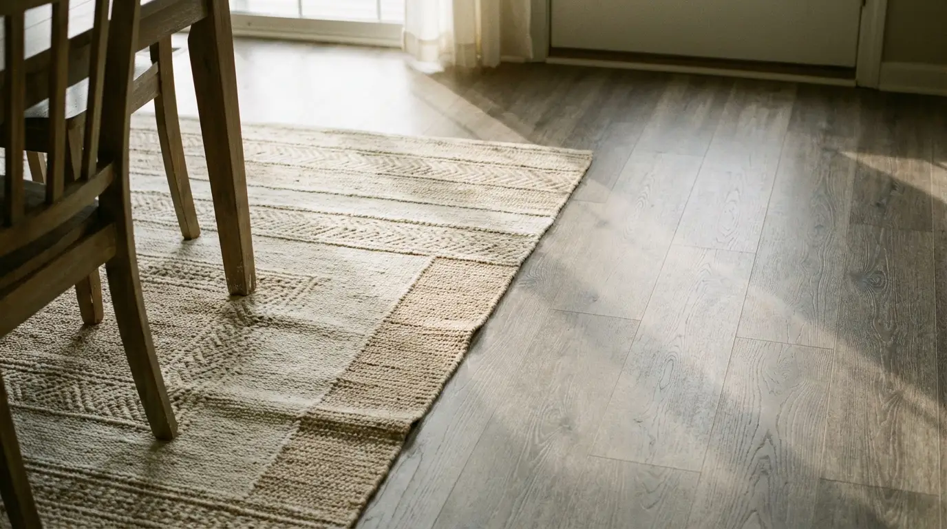 Wooden chair on textured beige rug near sunlit window on hardwood floor