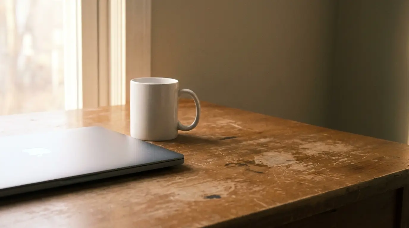 Laptop and white mug on rustic wooden desk near large window