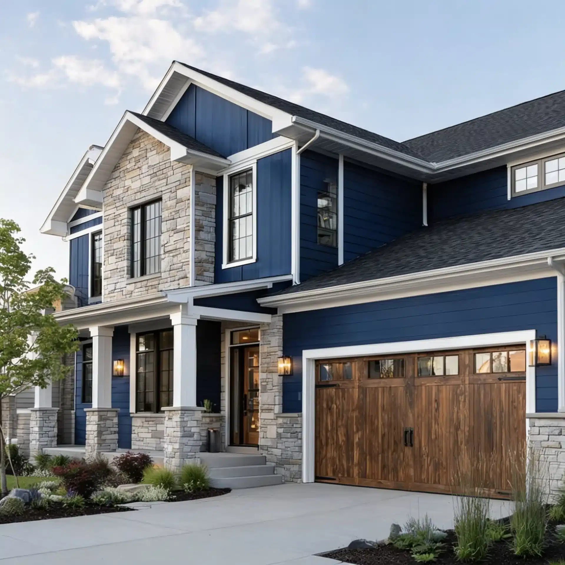 Modern home exterior in Sherwin Williams Indigo Batik with stone accents white trim and a natural wood double garage door (1)