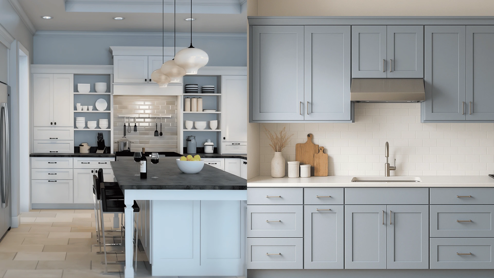 Modern kitchen and cabinets with soft blue walls, white cabinets, island, pendant lights, and natural light