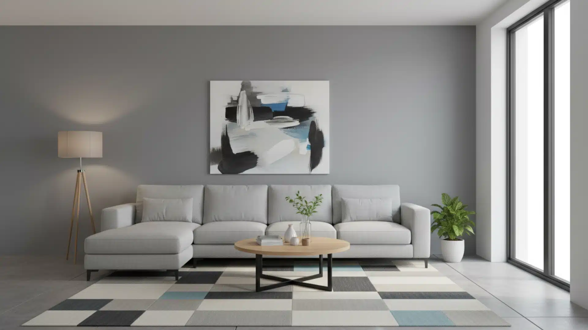 Modern living room with grey sofa, white coffee table, and painted with pewter colour on the wall