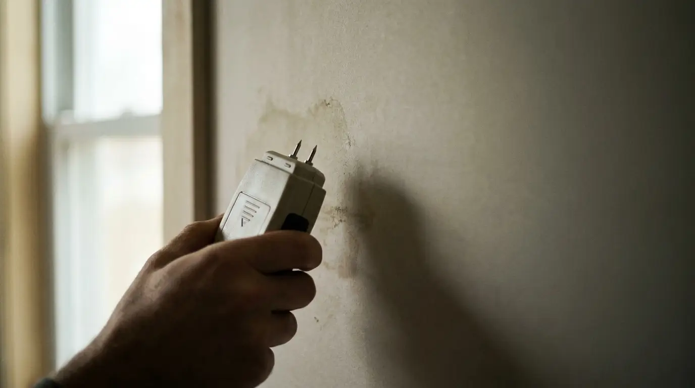 Hand pressing a pin-type moisture meter against a stained drywall surface near a window