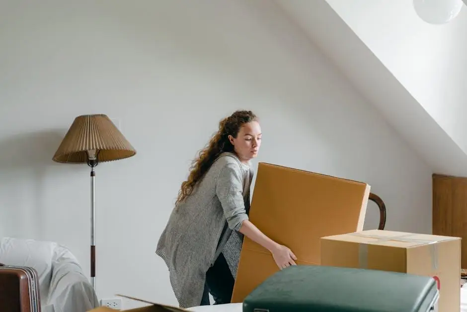 Person lifting a large cardboard box in a room with a lamp and additional boxes