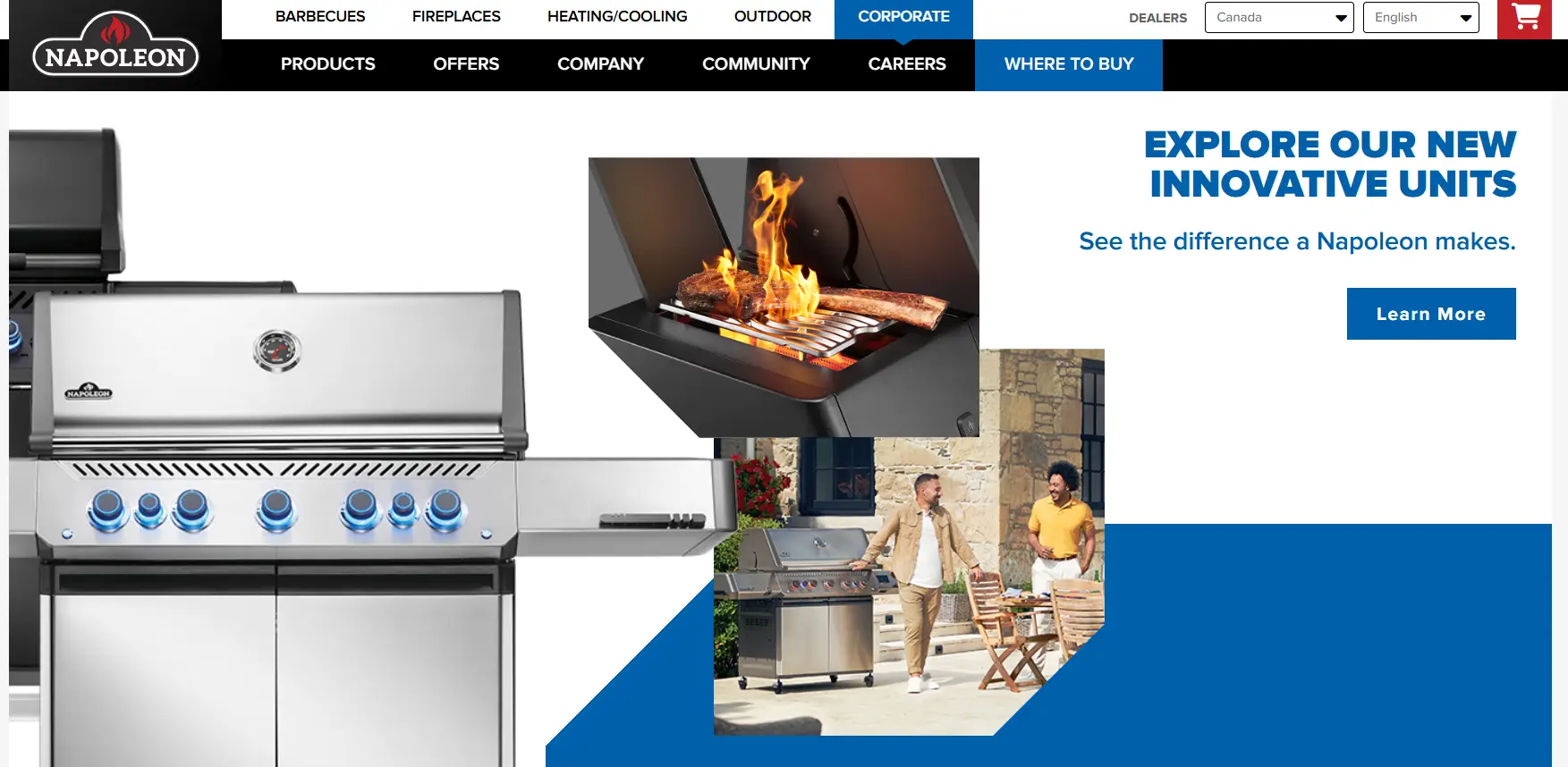Stainless steel grill with blue control knobs and flaming steaks outdoors with people chatting nearby