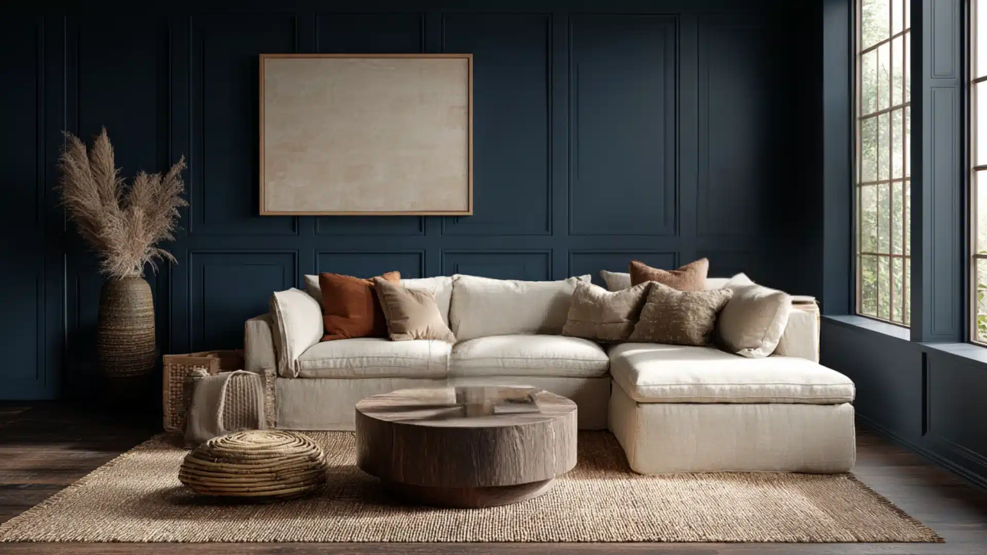 _Navy blue paneled walls with a tan sectional sofa wood coffee table and jute rug create a moody living room style inthe