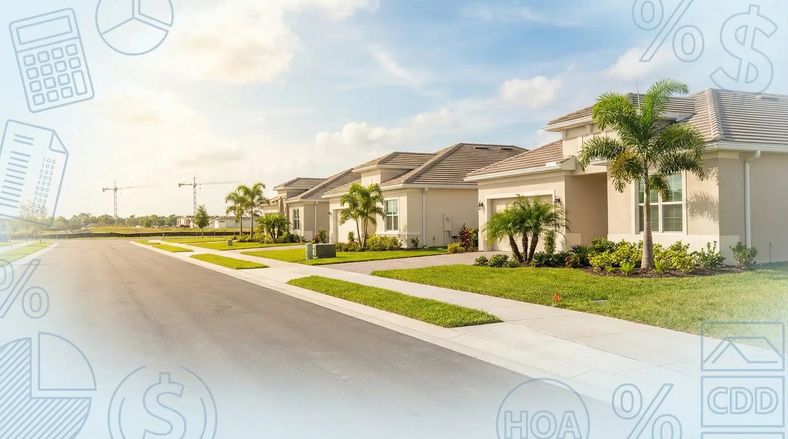 Residential neighborhood with modern homes and manicured lawns under clear blue sky