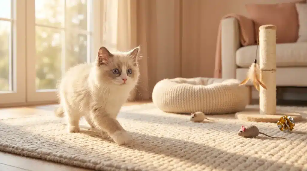 Fluffy kitten walking on carpet in cozy living room with toys and scratching post