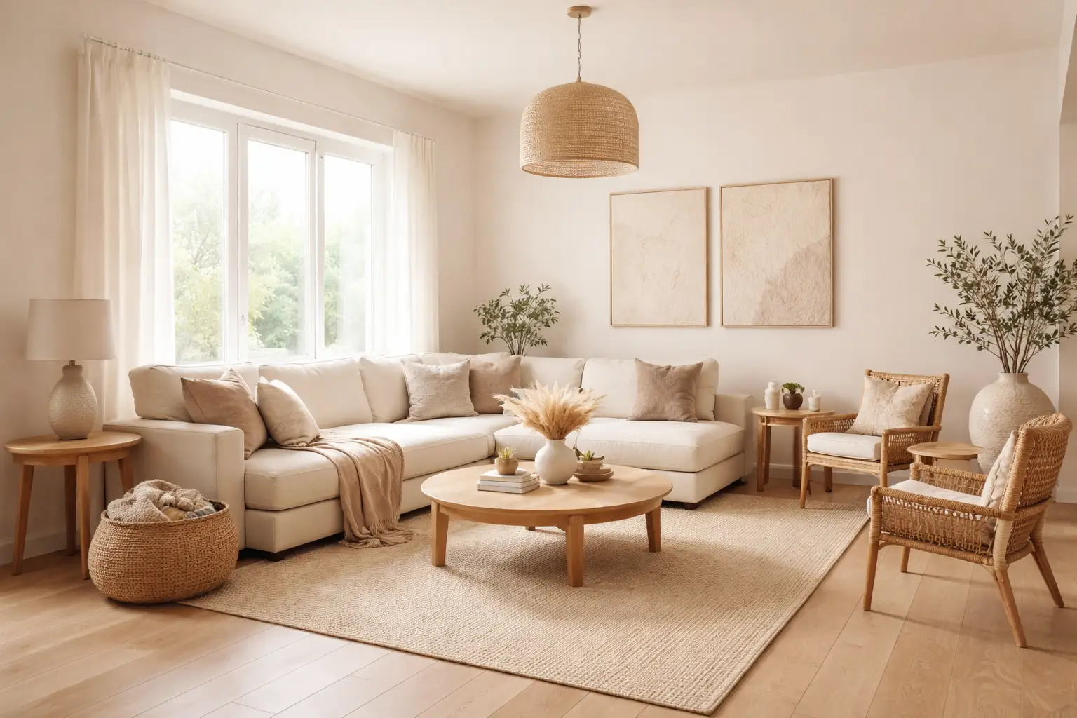 Neutral-toned living room with cream sectional sofa, wooden coffee table, and natural light from large windows