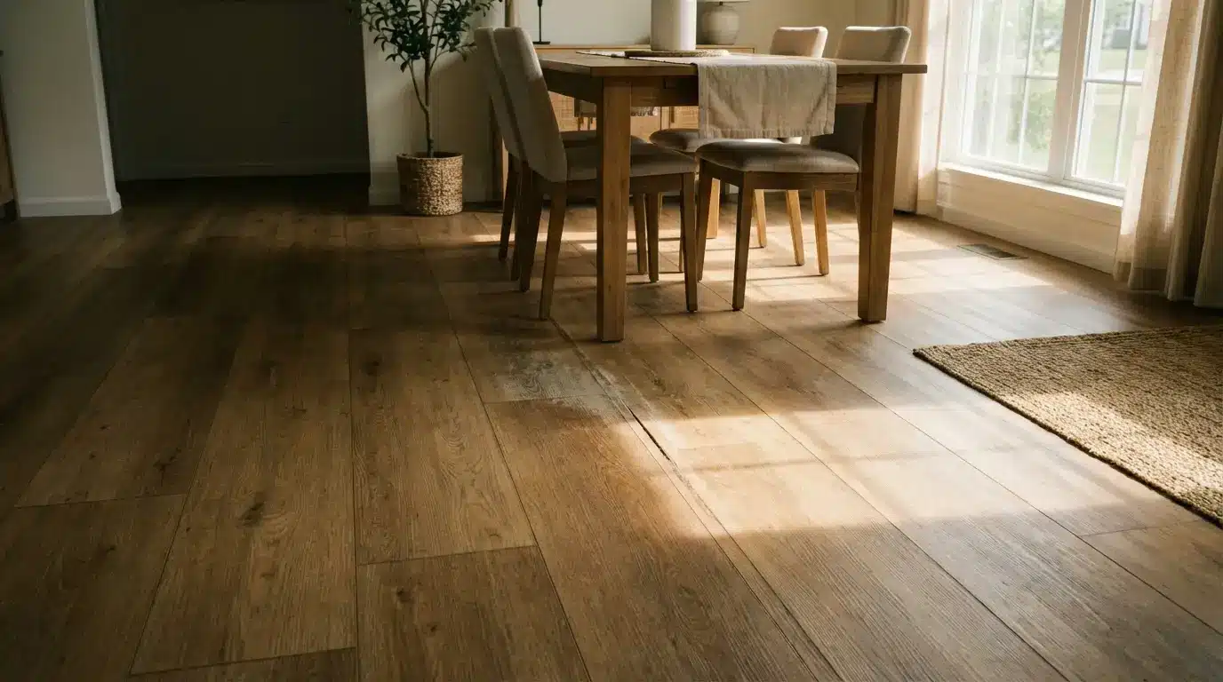 Wooden dining table and chairs in sunlit room with large window and potted plant
