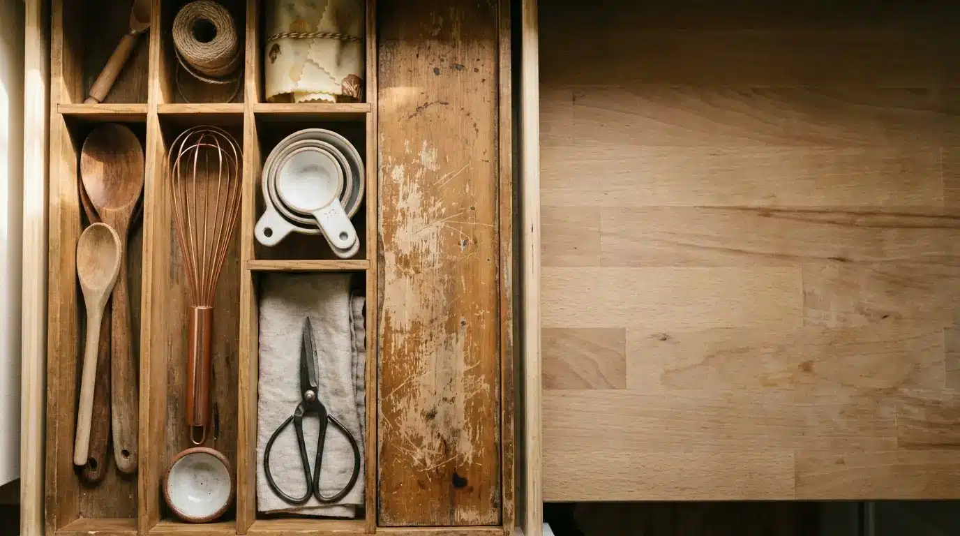 Wooden kitchen utensils and tools organized in rustic drawer with natural lighting