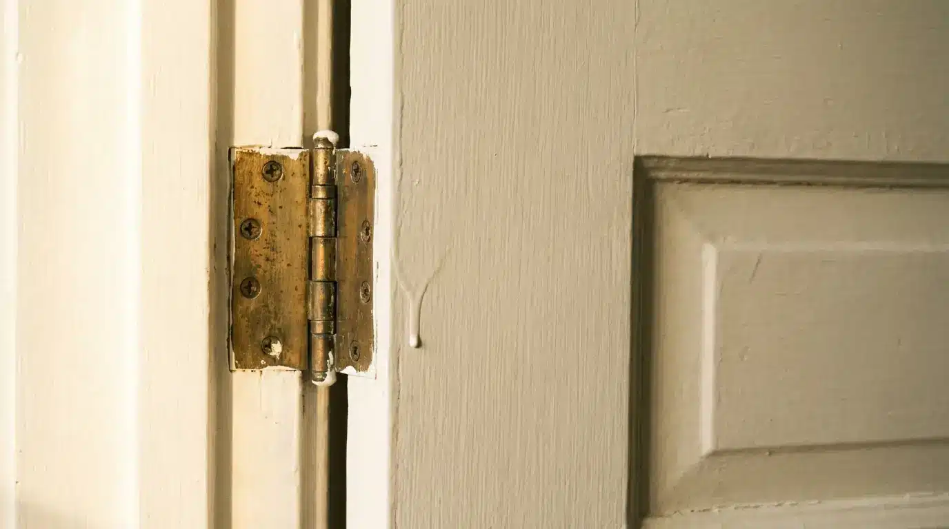 Brass door hinge on a painted wooden door frame with natural lighting