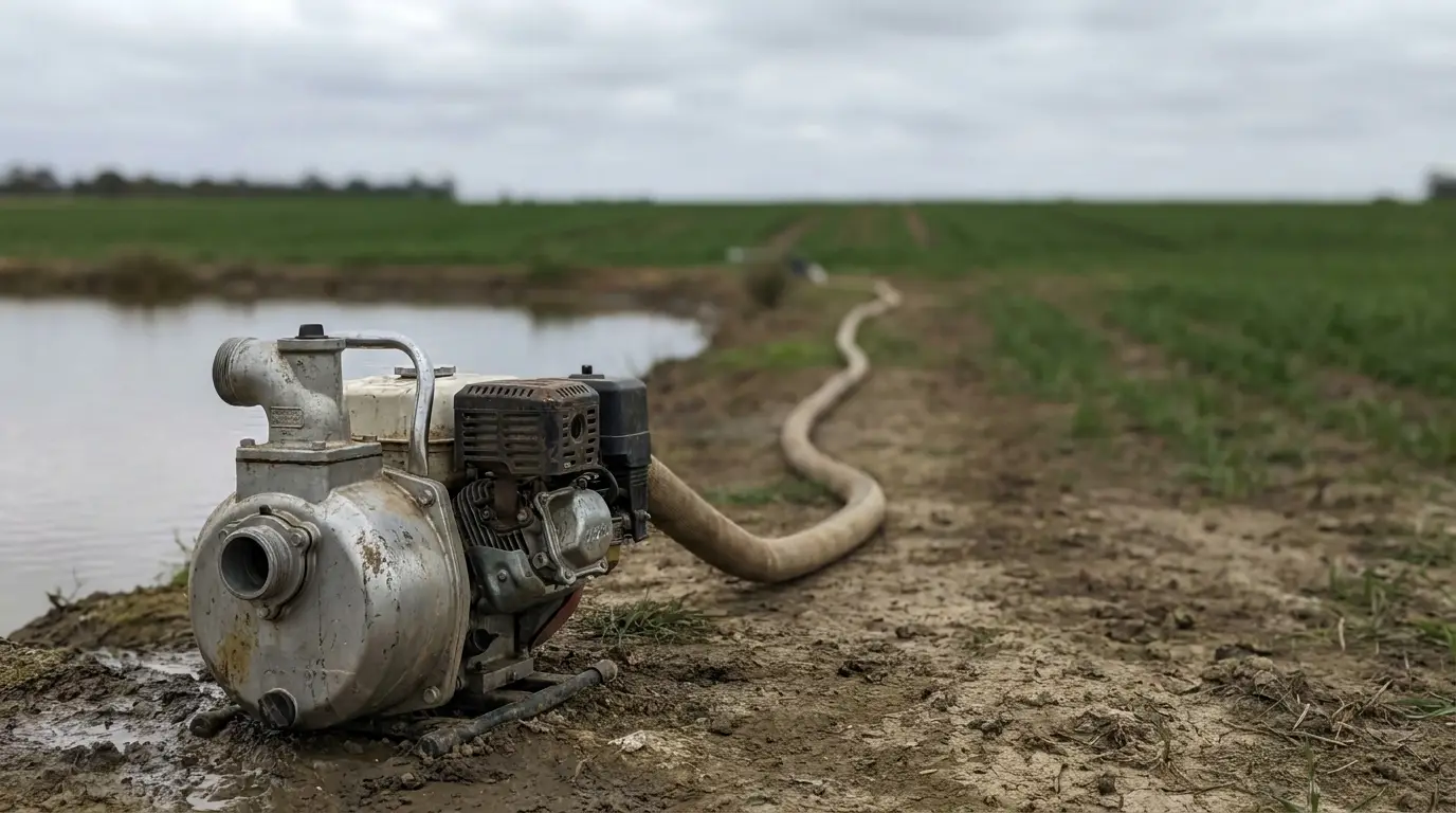 Portable water pump with motor on muddy field near irrigation pond under overcast sky