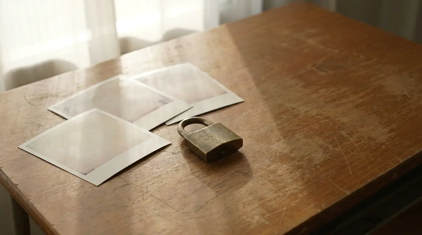 Vintage padlock and three blank photos on wooden desk in soft natural light