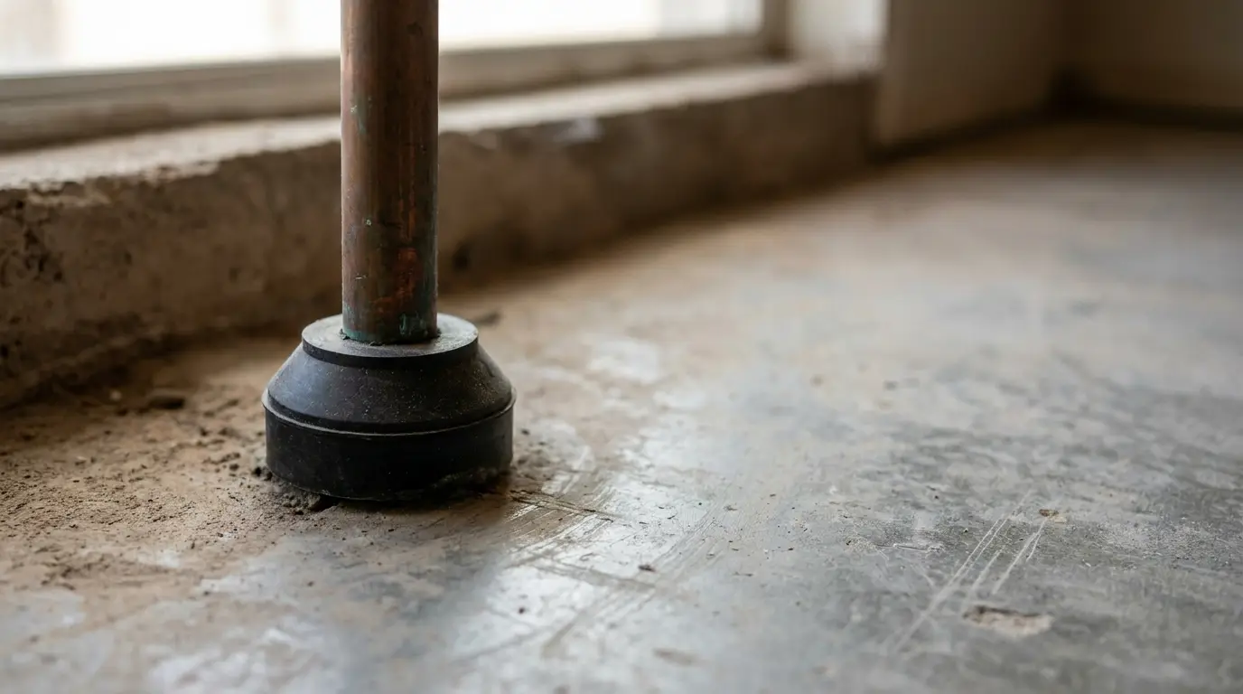 Rusty metal pipe with black rubber gasket on dusty concrete floor near window