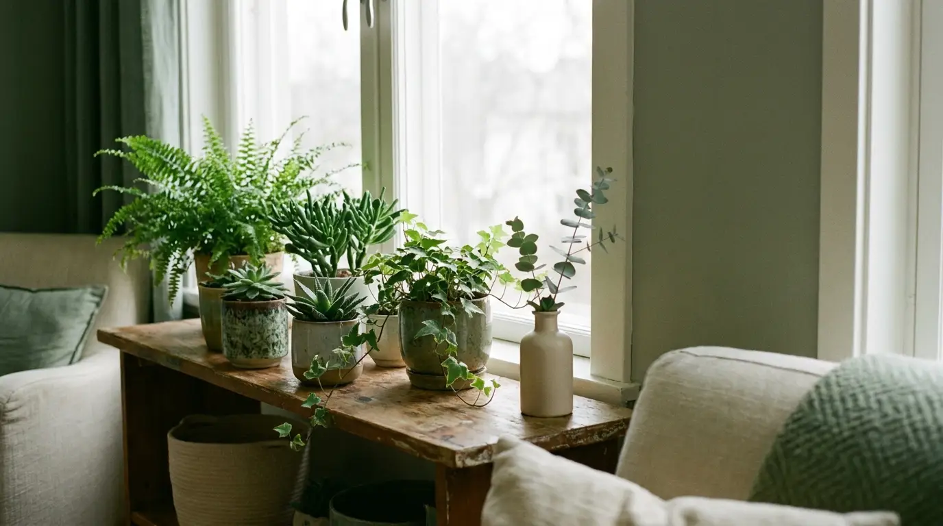 Potted plants on wooden table by window in cozy living room