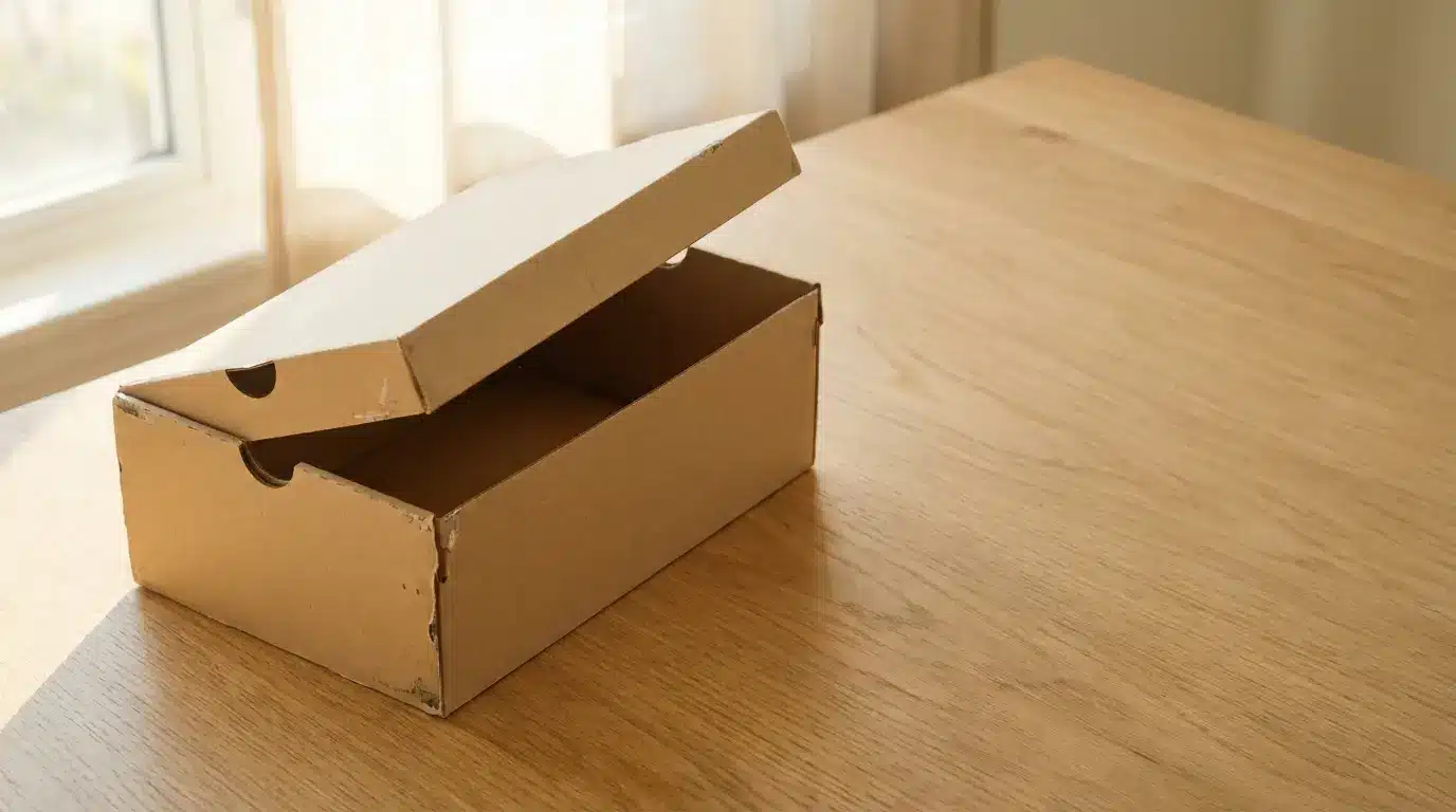 Cardboard shoebox with partially open lid on wooden table in bright natural light