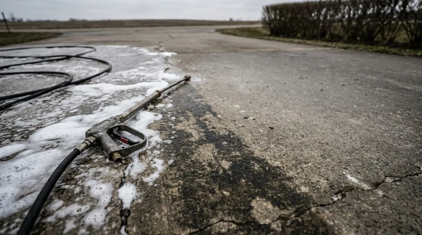 Worn pressure washer nozzle laying on cracked concrete surface outdoors with trailing hose and foam
