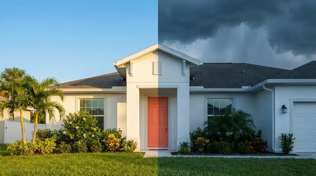 House with split weather conditions, half sunny and half stormy sky, surrounded by plants