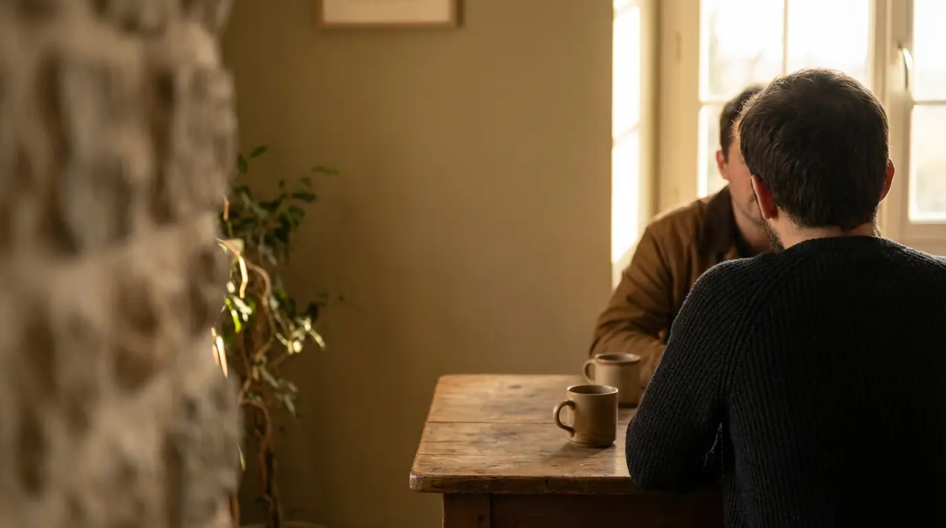 Two people sitting at wooden table with mugs in cozy, sunlit room