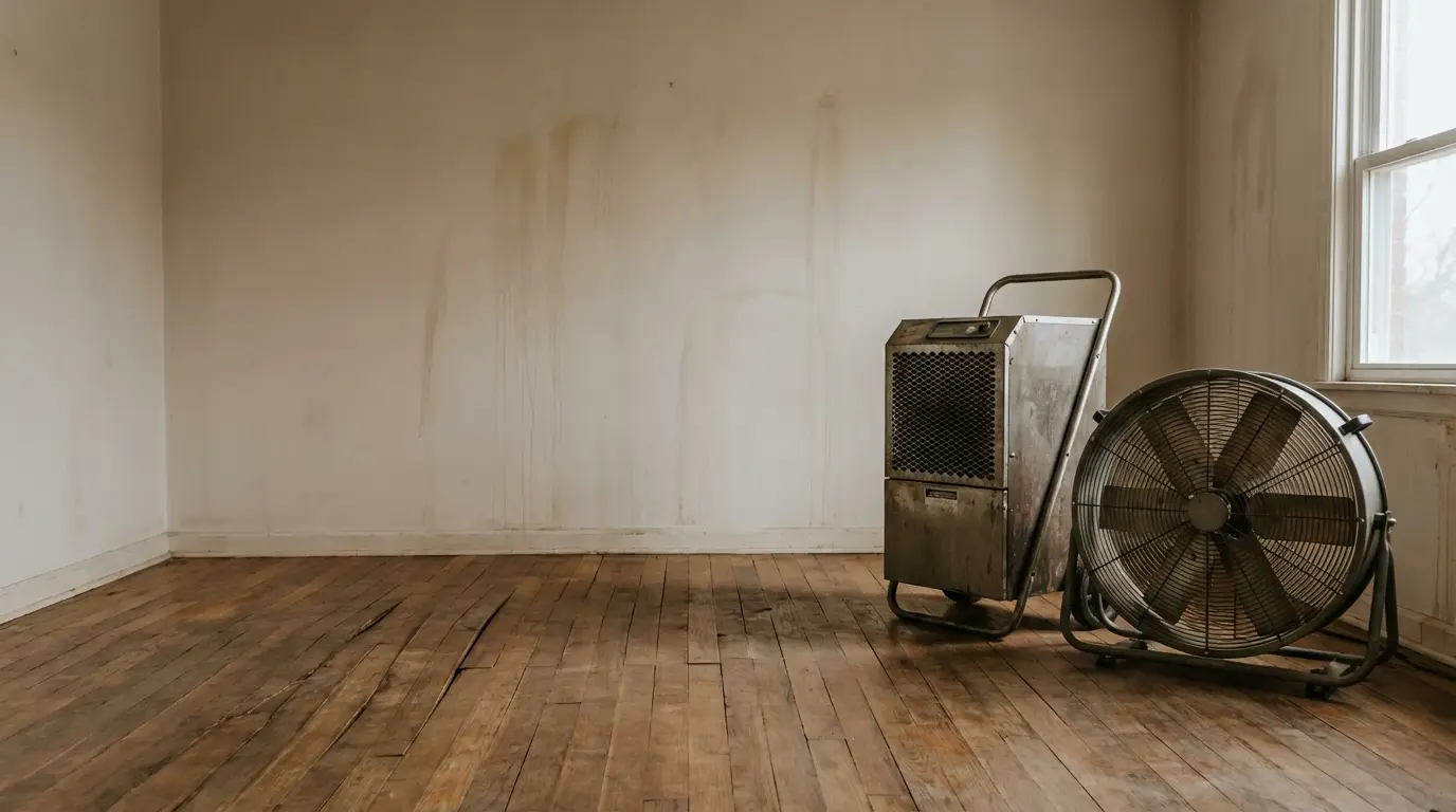 Industrial fan and dehumidifier in an empty room with wooden floor and stained walls