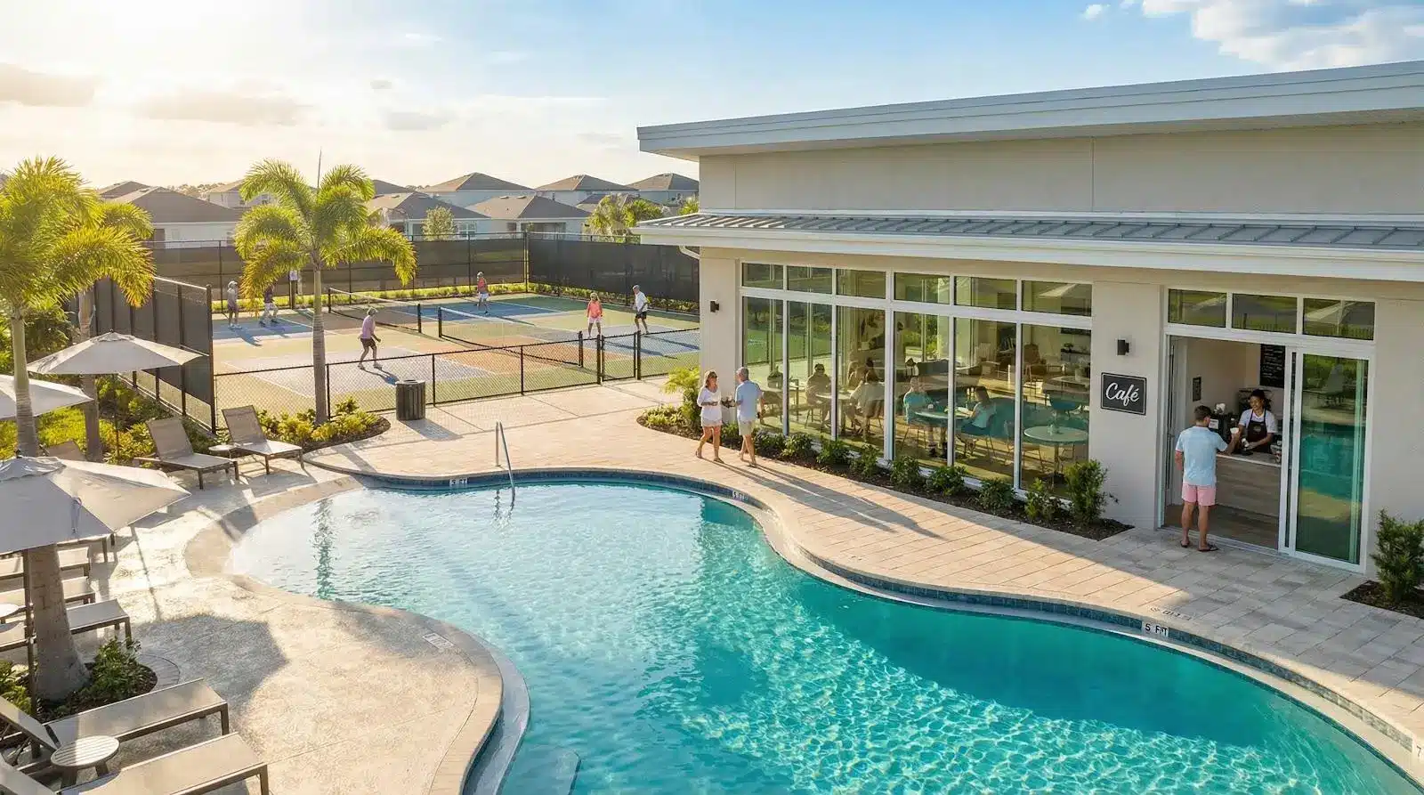 Outdoor pool and tennis courts near a modern building under bright daylight with palm trees