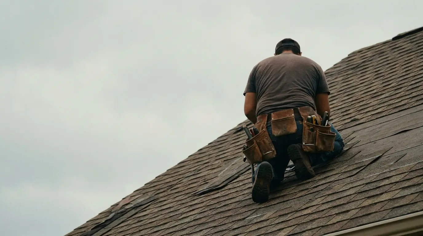 Worker with tool belt kneeling on shingled roof under overcast sky