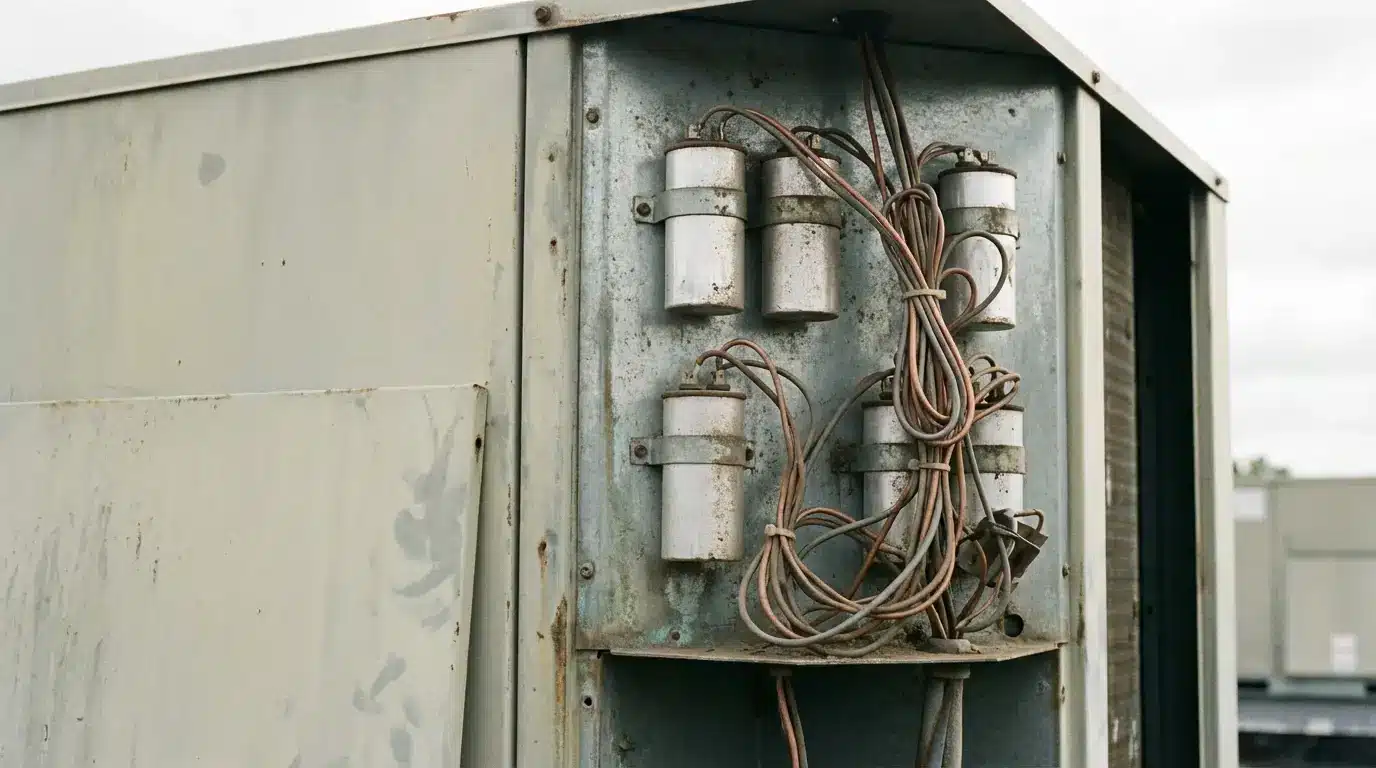 Rusted electrical panel with wires and capacitors exposed outdoors under cloudy sky