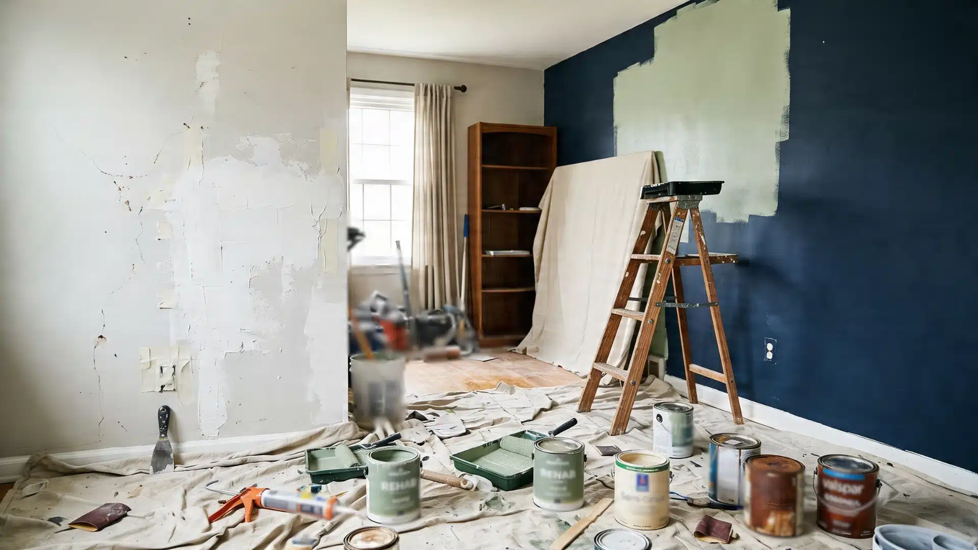 Room undergoing interior painting with drop cloths, a ladder, and various paint cans on the floor near a dark blue wall partially covered in light green primer