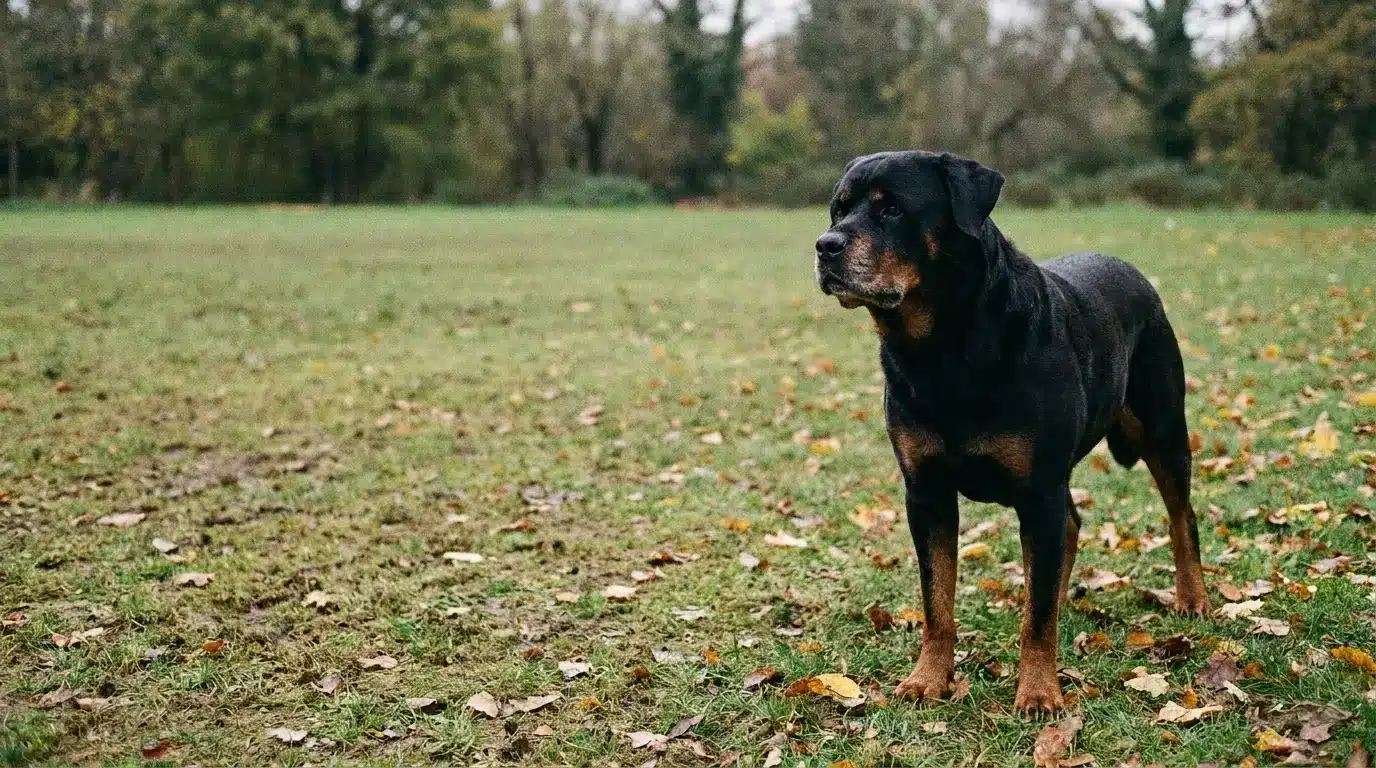Rottweiler standing on grassy field with fallen leaves in park setting