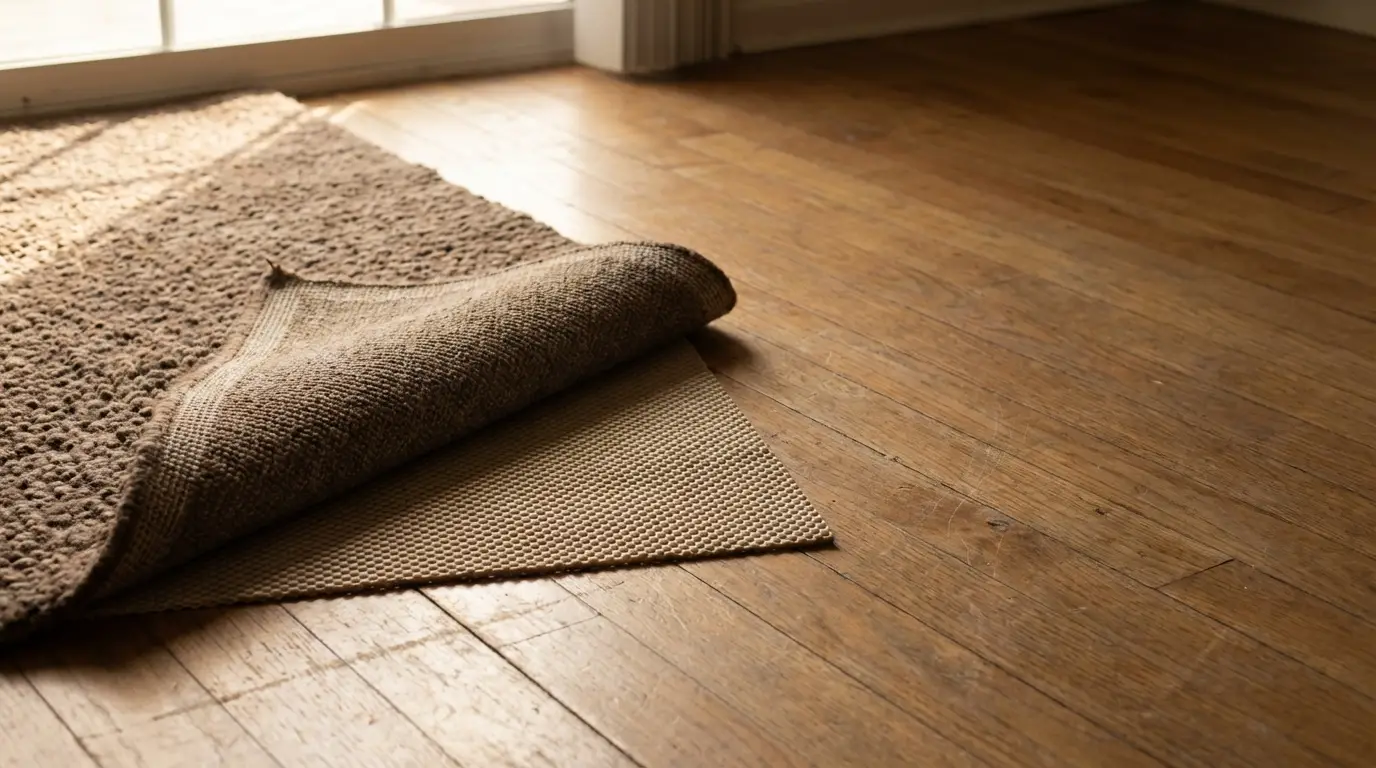 Woolen area rug partially rolled on wooden floor in natural light