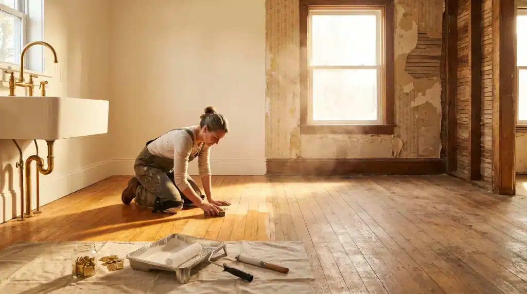 Person sanding wooden floor in partially renovated room with sunlight streaming through window