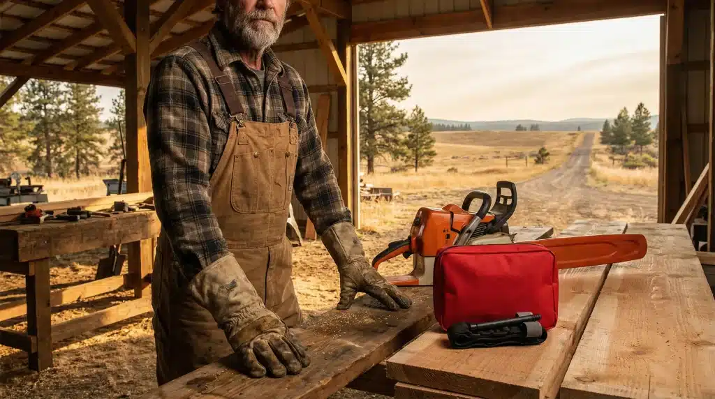 Man in plaid shirt and overalls working with tools on wooden table in rustic workshop setting