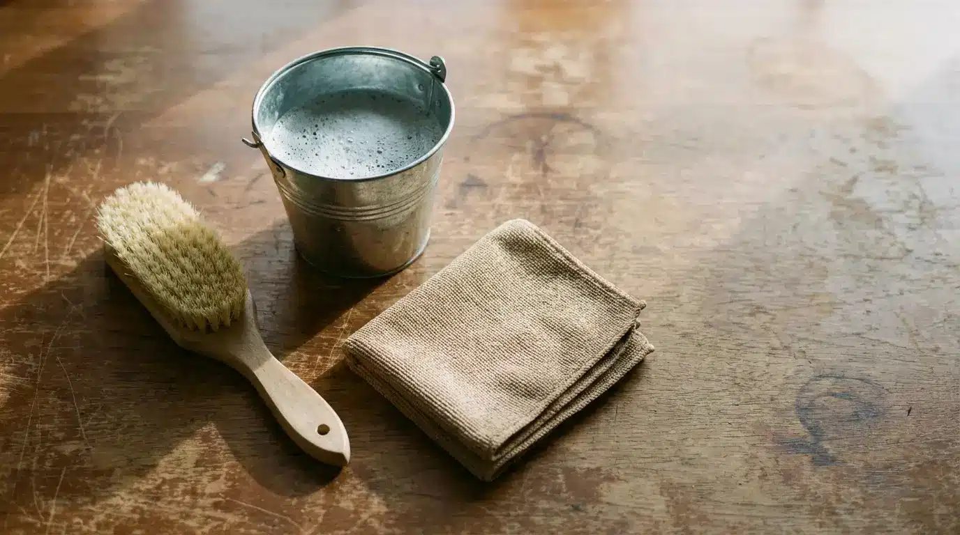 Metal bucket with foamy water beside scrub brush and folded cloth on wooden table