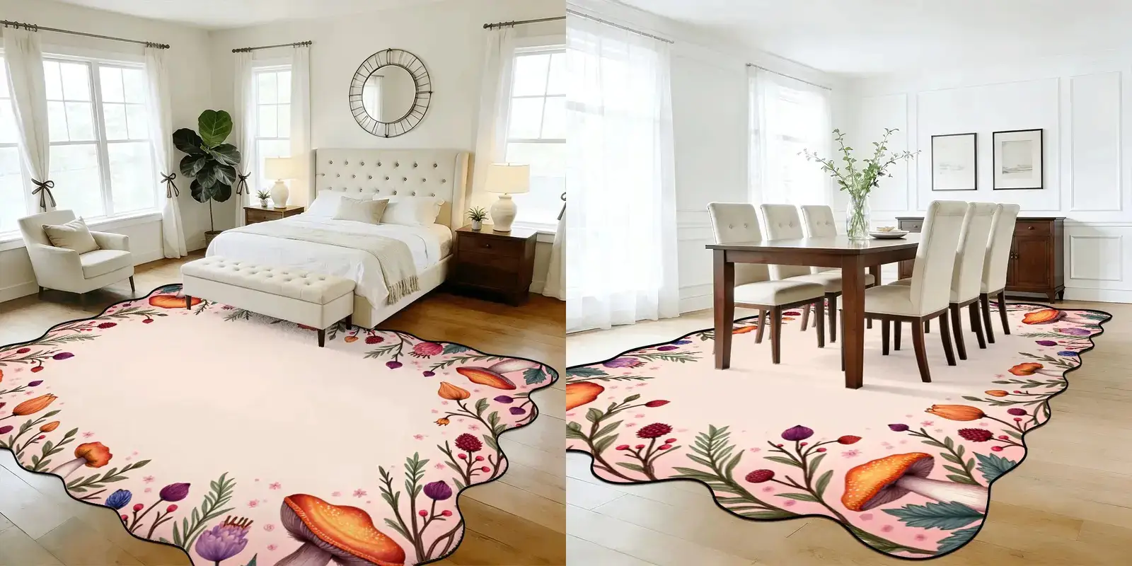 Floral patterned rugs in elegant bedroom and dining room settings with light wood flooring