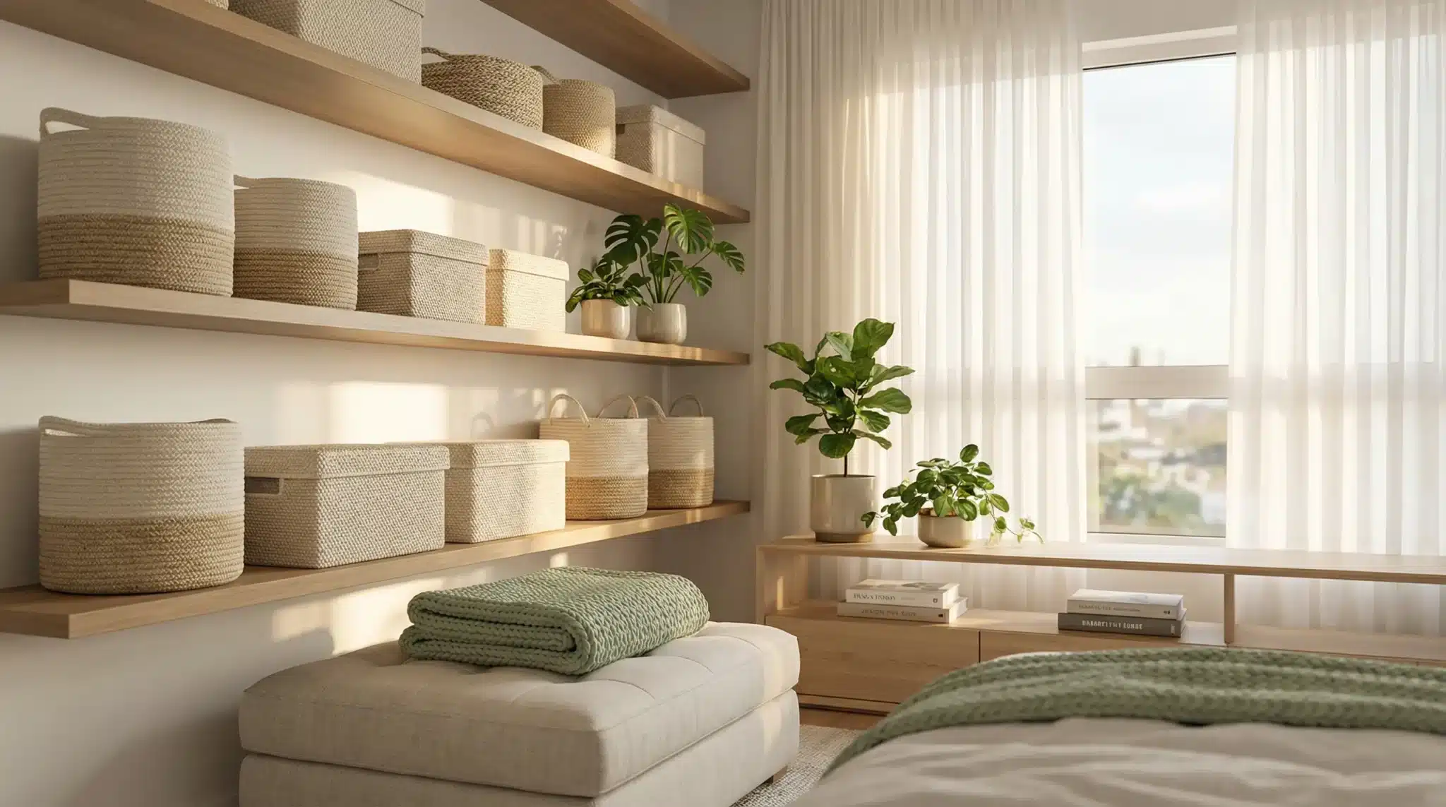 Cozy bedroom with woven storage baskets on wooden shelves and potted plants, warm natural light