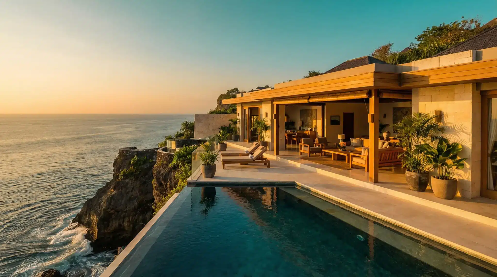 Luxurious seaside villa with infinity pool and wooden lounge chairs at sunset