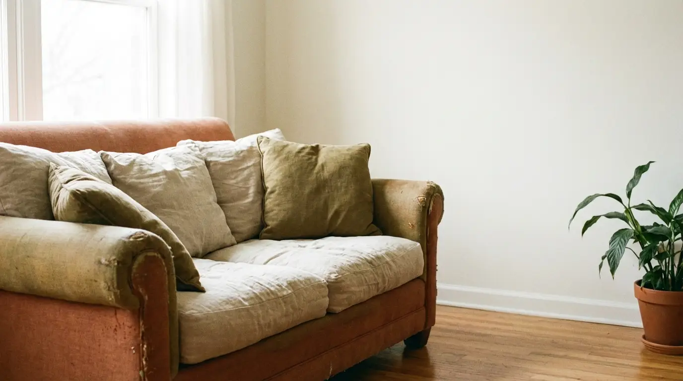 Old brown sofa with mismatched cushions next to a potted plant in a bright room