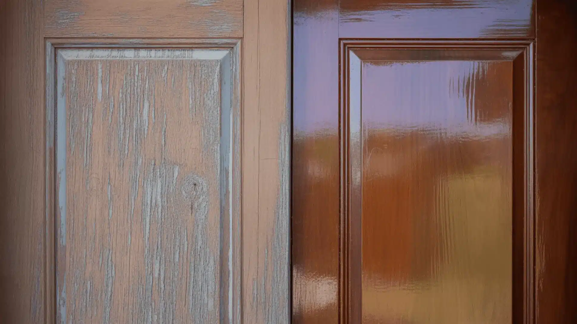 Split door showing before peeling paint and after smooth glossy painted finish close-up comparison