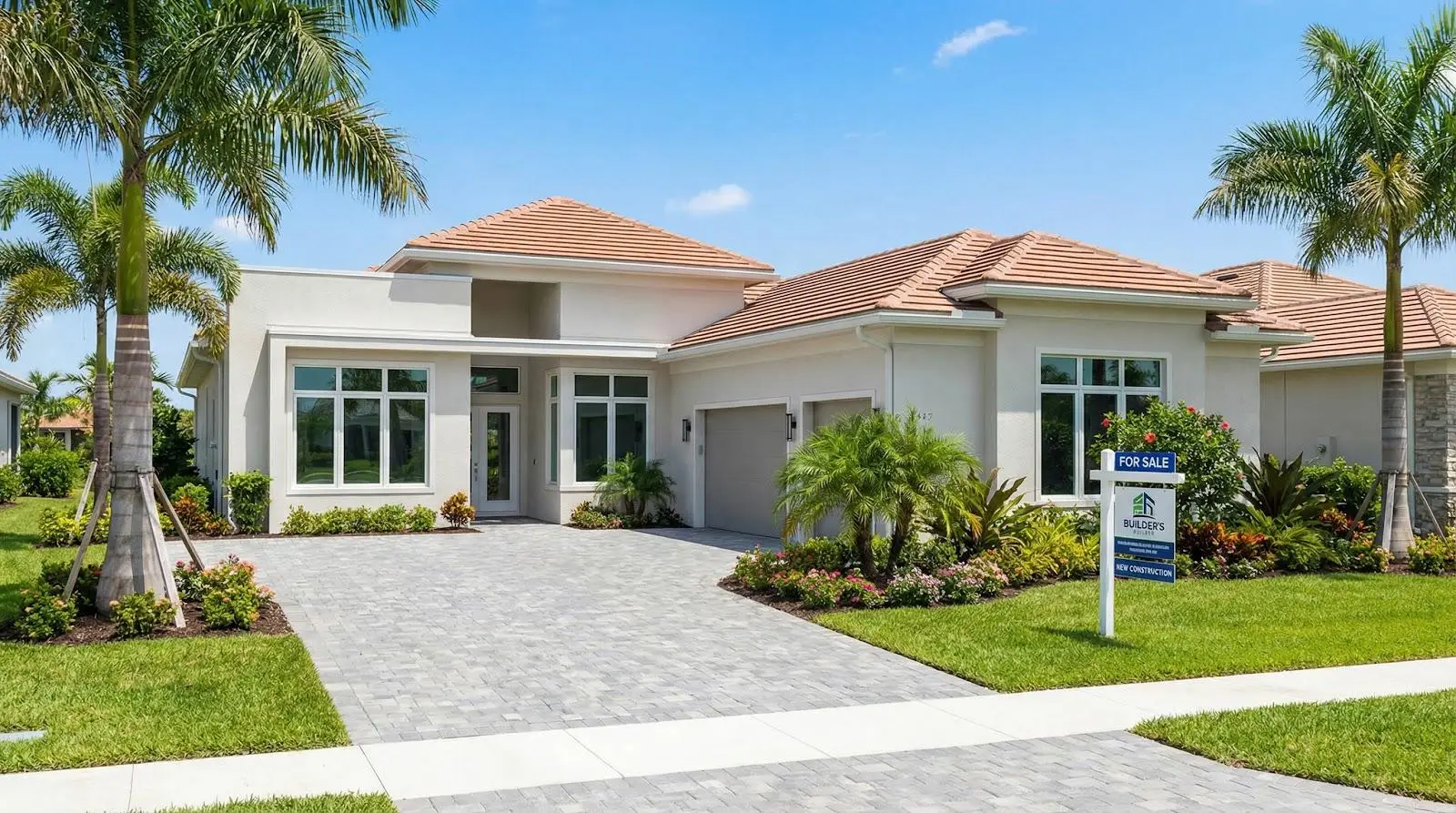 Modern white house with palm trees and for sale sign in front yard