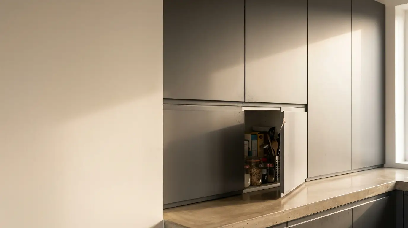 Open kitchen cabinet with jars and utensils on concrete countertop in modern kitchen