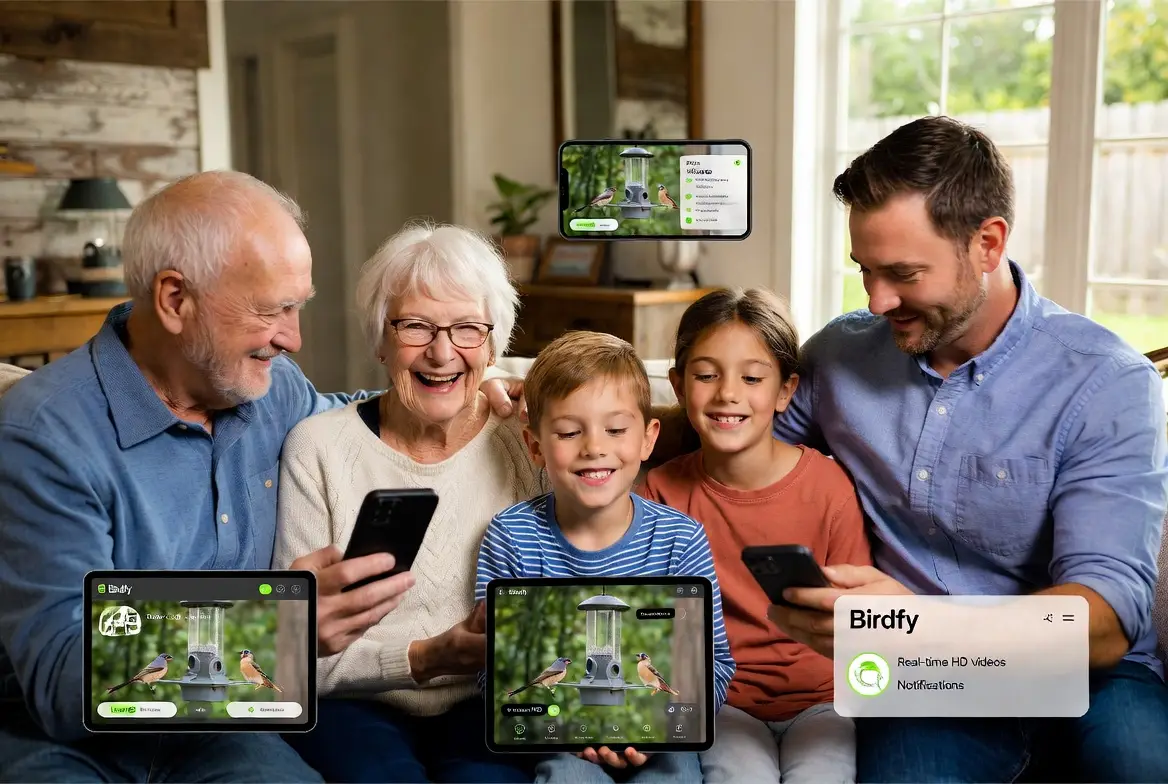 Family sitting on sofa looking at mobile devices displaying bird feeder camera footage indoors