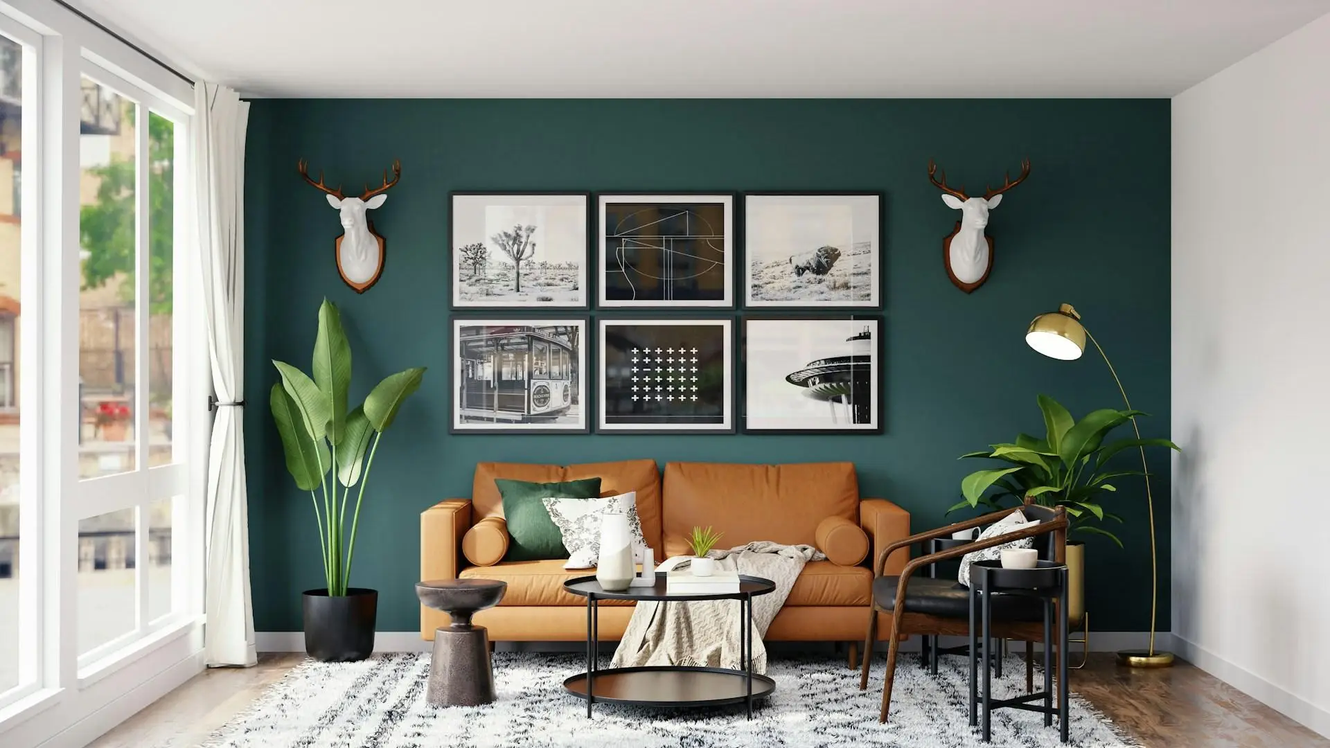 Mid-century modern living room with orange sofa, teal accent wall, and gallery of framed art prints