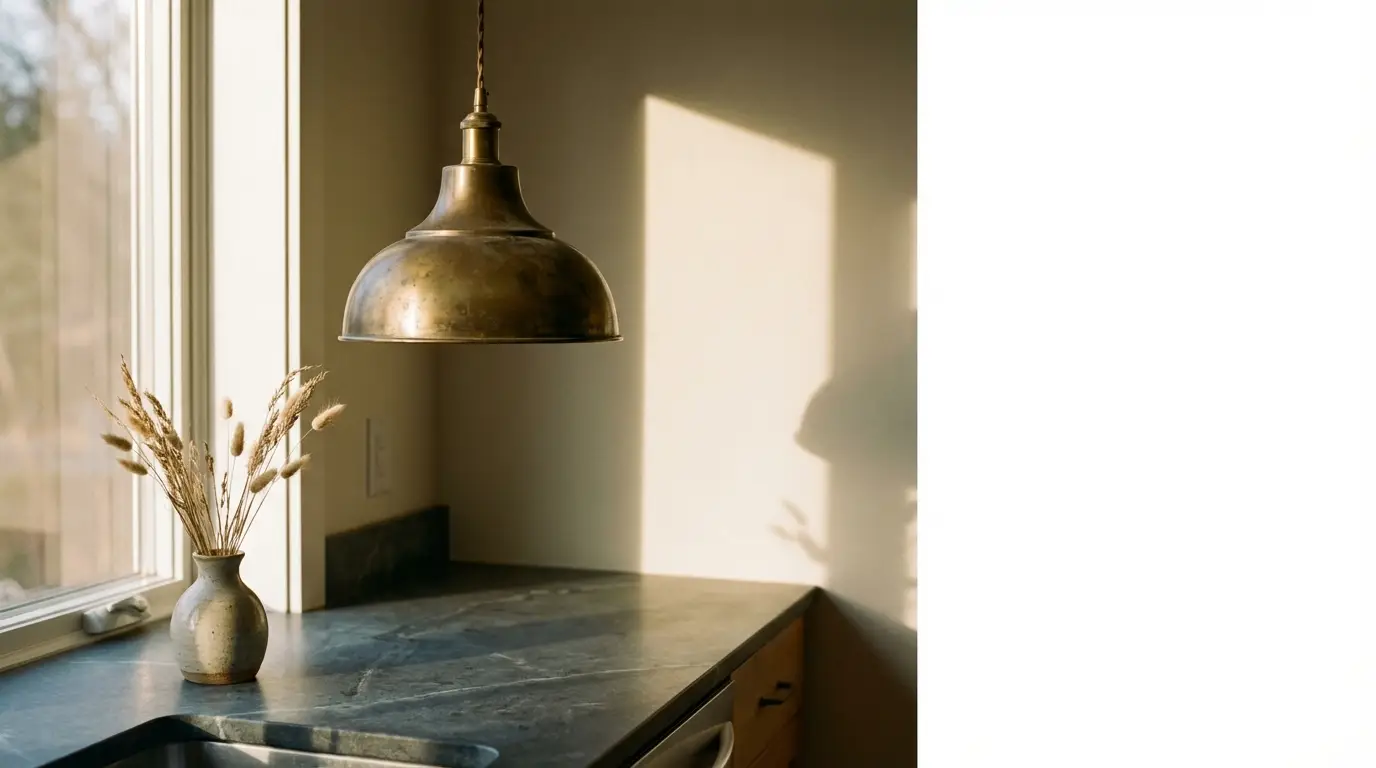 Bronze pendant light over dark countertop with vase of dried wheat in sunlit kitchen