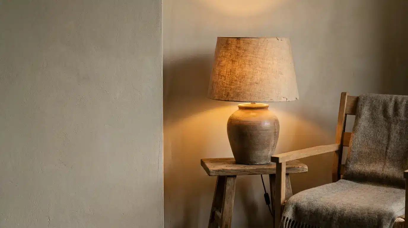 Rustic table lamp with beige shade on wooden table beside armchair with wool blanket in cozy room