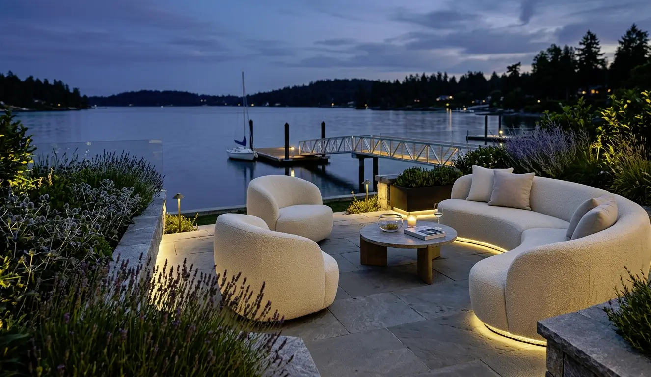 Outdoor seating area with curved sofa and chairs overlooking a calm lake at twilight