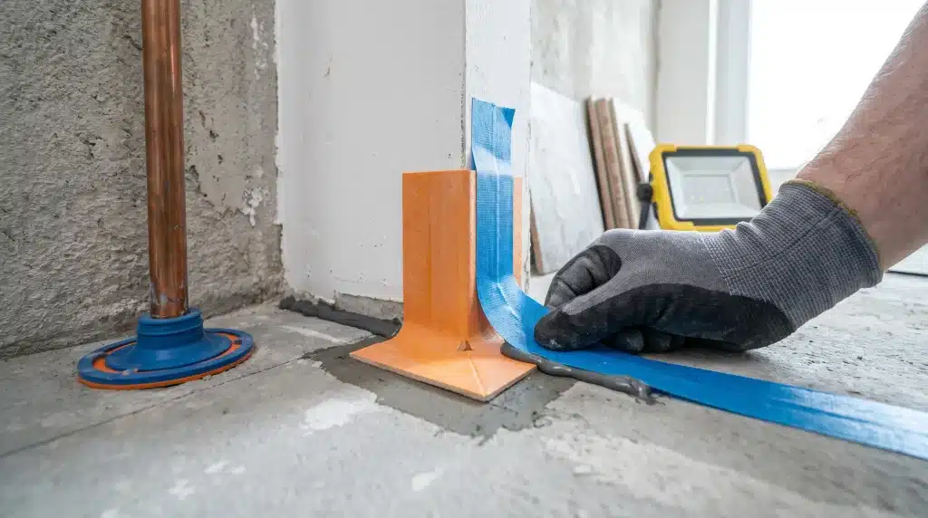 Worker applying blue waterproof tape on concrete floor with protective glove in construction site