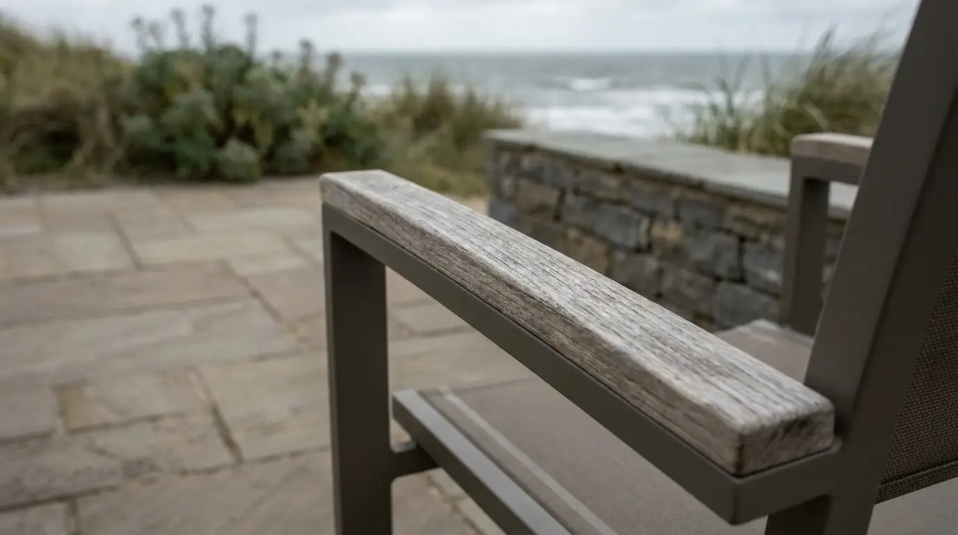 Sleek outdoor armchair on a stone patio overlooking the ocean with grassy dunes